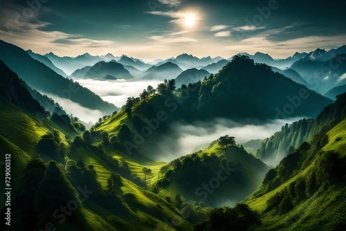 Serene misty peaks surrounded by lush green valleys, captured by an HD camera.