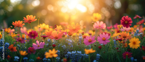Sunlit Blooming Meadow: Vibrant Spring Flora and Tranquil Natural Beauty