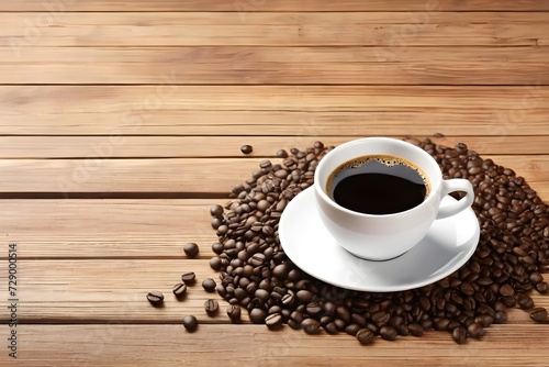 white coffee cup and coffee beans on wooden background.