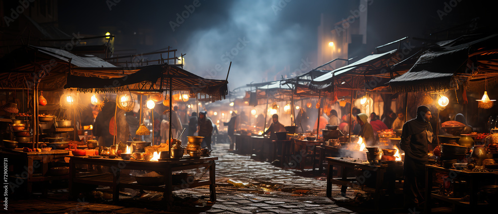a many people walking around a market at night