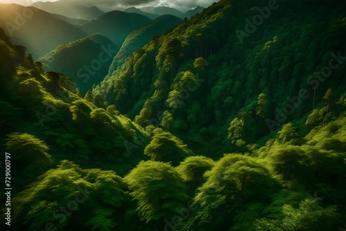 A verdant mountain range that seems to stretch into eternity  its slopes covered in dense forests and vibrant foliage