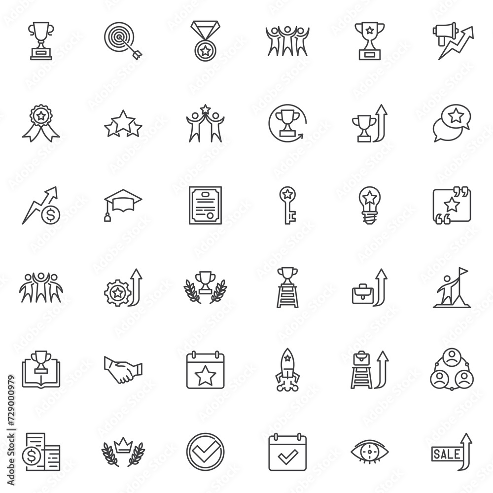 Success and achievement line icons set Success and achievement line icons set