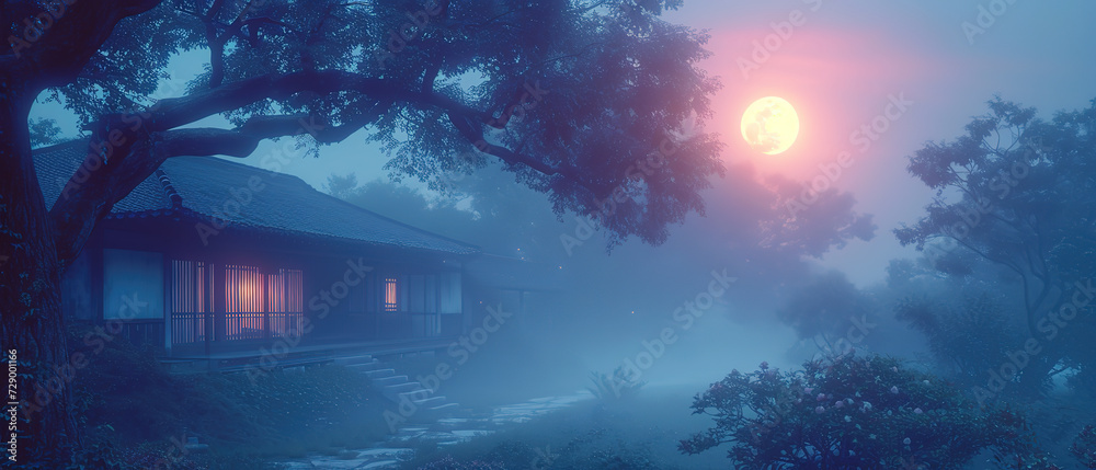 a house in the fog with a bright sun in the background a house in the fog with a bright sun in the background