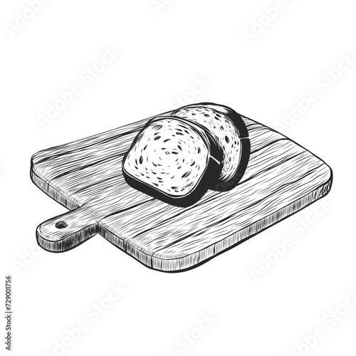 Bakery product sketch in engraving vintage style. Homemade pastry. slices of wheat bread at cutting board. Assortment for bakery and street cafe. vector illustration isolated on white background