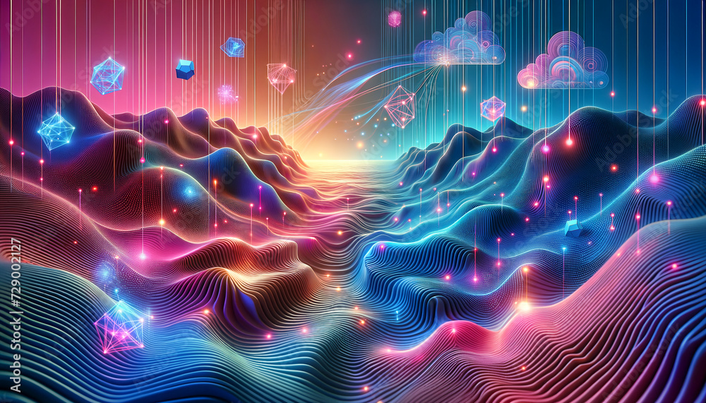 Obraz premium Surreal Synapses: Convolutional Network in Psychedelic Digital Landscape