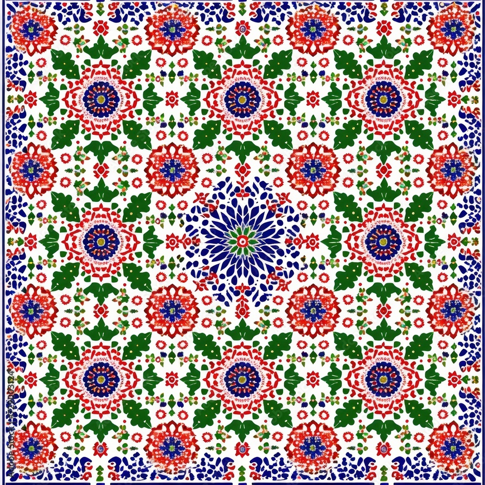 Endulus Elegance, A Vibrant Islamic Pattern Infused with Rich Red, Green, and Blue Hues, Celebrating Tradition and Artistry. Endulus Elegance, A Vibrant Islamic Pattern Infused with Rich Red, Green, and Blue Hues, Celebrating Tradition and Artistry.