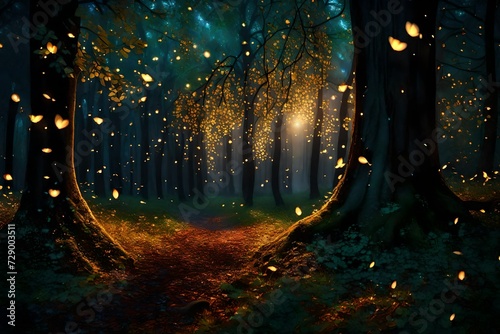 An enchanted forest at twilight, where the trees have leaves made of plush, velvety textures, and fireflies create a breathtakingly beautiful, twinkling atmosphere. Captured in HD quality © Pareshy