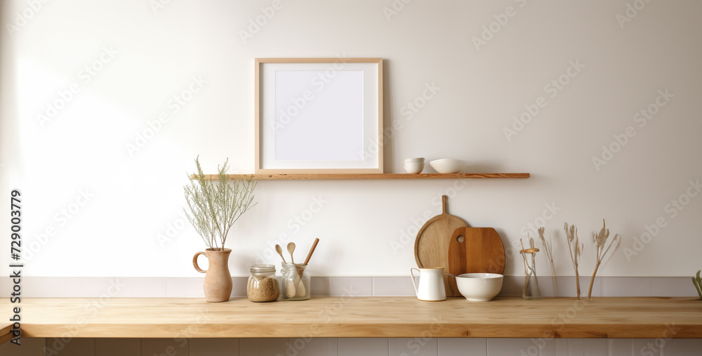 interior with table, kitchen interior, rustic farmhouse kitchen empty wall with slim wooden - obrazy, fototapety, plakaty 