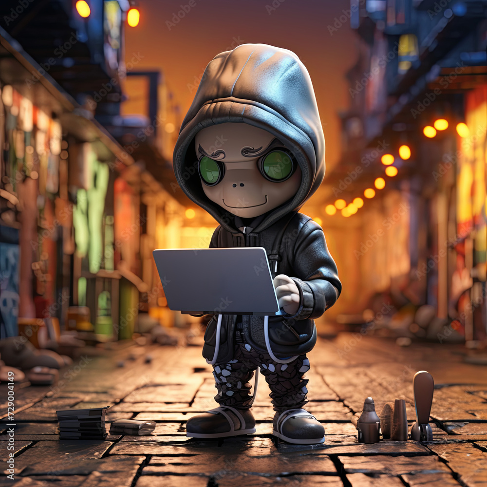 Enigmatic Cyber Realm, Witness a skillful 3D anime hacker, typing fervently on a laptop, delving into the mysterious realm of cyber intrusions. Generative AI. Enigmatic Cyber Realm, Witness a skillful 3D anime hacker, typing fervently on a laptop, delving into the mysterious realm of cyber intrusions. Generative AI.