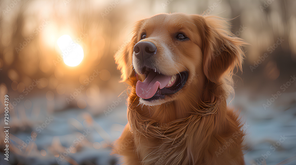 A Golden Retriever in full stride, joyfully running towards the viewer with a backdrop of a glowing sunset and sparkling field.
