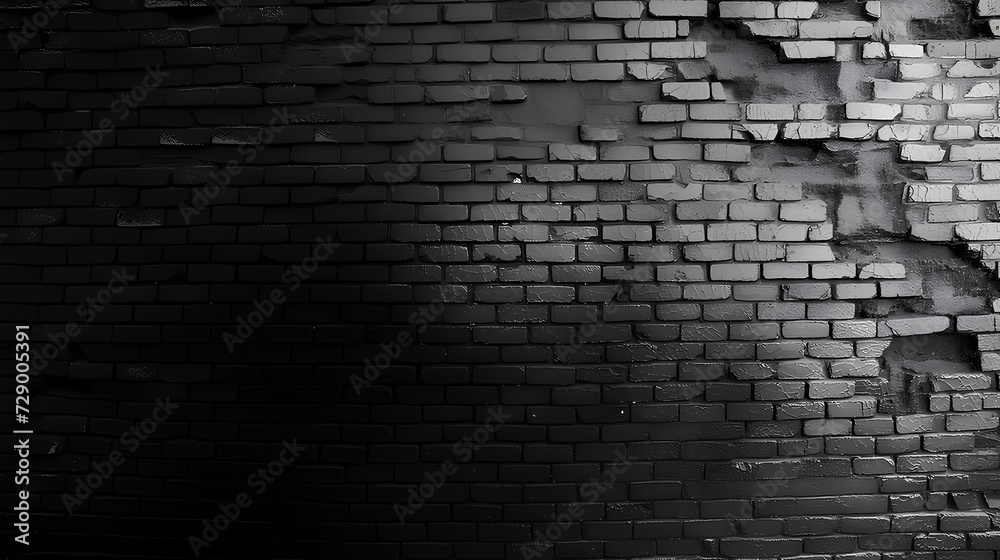 A monochromatic image showcasing the rough texture of a black brick wall with the interplay of light and shadow creating depth.
