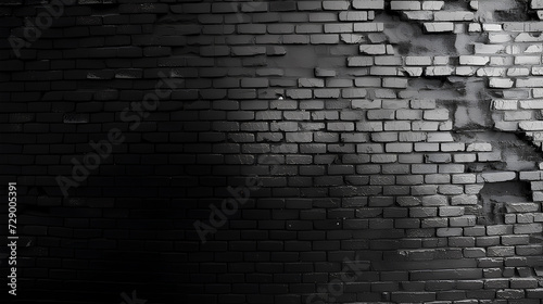 A monochromatic image showcasing the rough texture of a black brick wall with the interplay of light and shadow creating depth. 