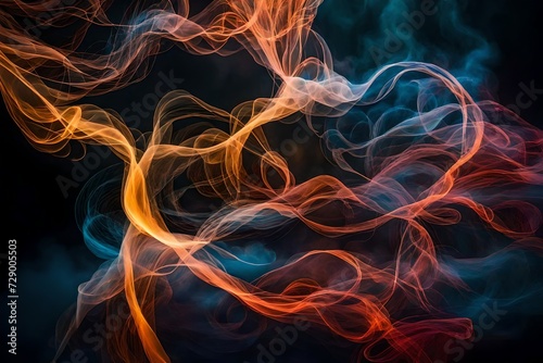 The intricate, ethereal patterns created by swirling smoke and mist against a backdrop of colorful, swirling lights.