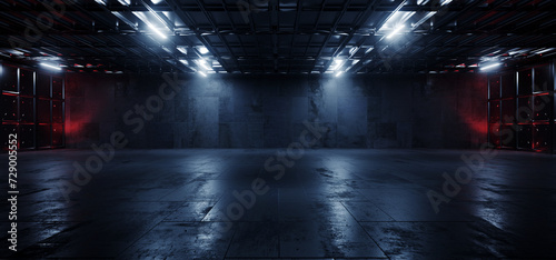 Fototapeta Naklejka Na Ścianę i Meble -  Sci Fi Grunge Cement Asphalt Underground Warehouse Tunnel Corridor Garage Basement Alien Metal Plates Showroom Background Realistic Dark Room 3D Rendering