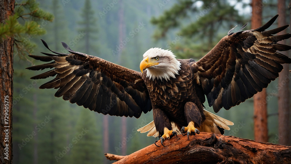 Obraz premium Thrill of observing a bald eagle landing amidst a stand of tall pine trees, its talons gripping a sturdy branch with precision and embodying freedom and strength in the heart of the wilderness