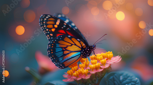 A Monarch butterfly perches delicately on a bright yellow flower, its wings richly colored against a bokeh background. 