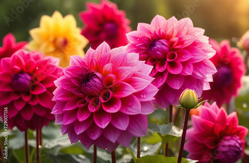 Many Dahlia flowers with rain drops  in rustic garden in sunset sunlight background close up
