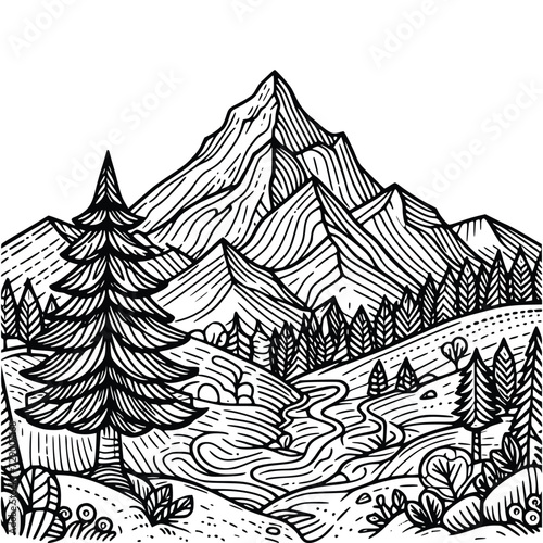 hand drawn mountain and tree coloring book illustration. black and white mountain outline illustration