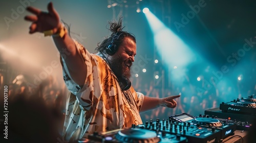  "Beats & Bliss: Bearded Chubby DJ Commanding the Stage at a Grand Music Festival, One Hand Raised, the Other on the Mixer, Captured by a Sony A9 Camera, Nighttime Spectacle with Lasers, Fire Effects"
