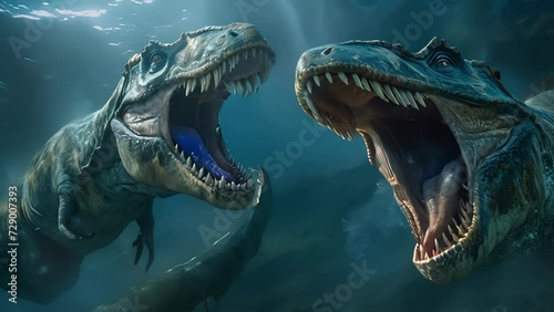 In the depths of the ocean a Dakosaurus fights tooth and claw with a powerful Elasmosaurus both vying for dominance in this prehistoric world. photo