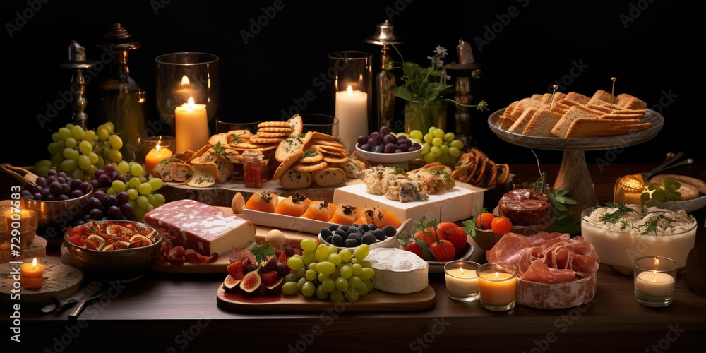 A table full of food including meat, vegetables, and meat, Beautifully decorated catering banquet table with different food snacks. 