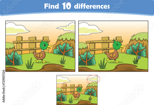 Funny cartoon little duck. Find 10 differences. Kids Education games. Cartoon vector illustration