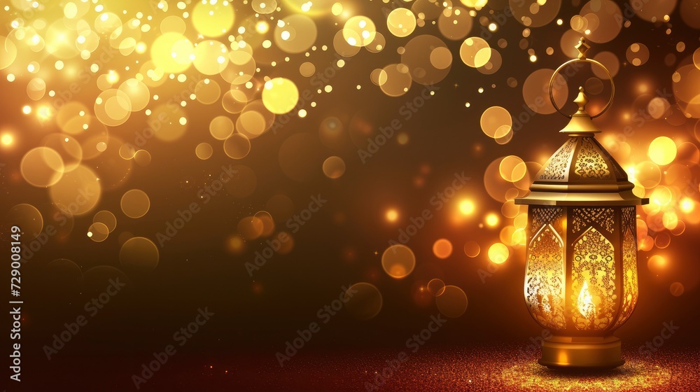 Ramadan Kareem, A Golden Lantern Radiating Elegance Against a Delicate Bokeh Light Background. Ramadan Kareem, A Golden Lantern Radiating Elegance Against a Delicate Bokeh Light Background.