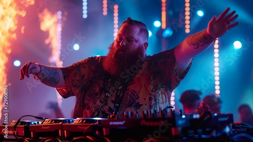  "Beats & Bliss: Bearded Chubby DJ Commanding the Stage at a Grand Music Festival, One Hand Raised, the Other on the Mixer, Captured by a Sony A9 Camera, Nighttime Spectacle with Lasers, Fire Effects"