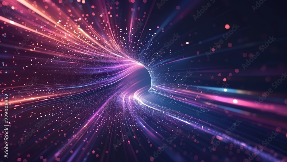 Bright burst of light and particles in space. The concept of speed and travel through time and space.