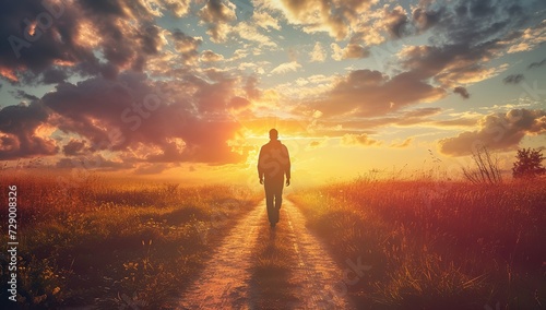 Man walking on a deserted road at sunset. Search for self concept. photo
