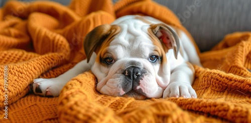 Young bulldog on an orange knitted background