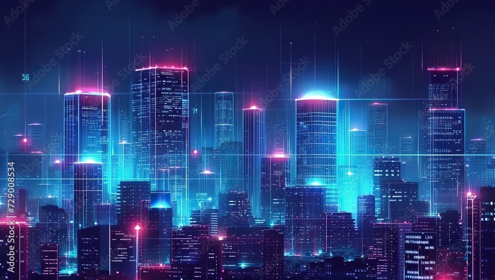 Fototapeta premium Digital graphic cityscape representing network technologies. Concept of urban landscape and digitalization.