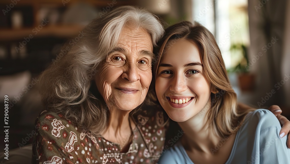 Adult blonde woman and elderly woman with grey hair smiling and embracing. Concept of family values and generations. Adult blonde woman and elderly woman with grey hair smiling and embracing. Concept of family values and generations.