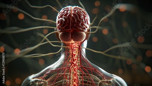 Human brain with the nervous system on a dark background. The connection between body and mind concept.
