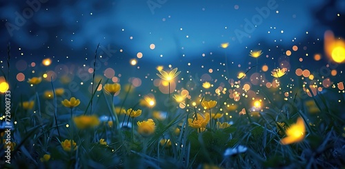 Flowers in a meadow with magical lights. Concept of nature and magic.