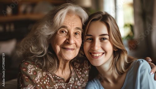 Adult blonde woman and elderly woman with grey hair smiling and embracing. Concept of family values and generations.