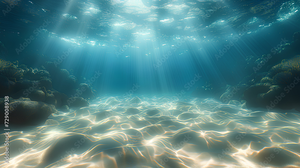 Naklejka premium A serene underwater view of a coral reef, with sunlight filtering through the water, illuminating the marine landscape. 