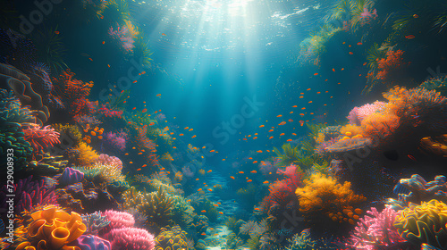 A serene underwater view of a coral reef, with sunlight filtering through the water, illuminating the marine landscape. 