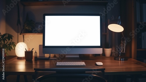 A high-resolution blank computer screen on a simple desk with ambient lighting.