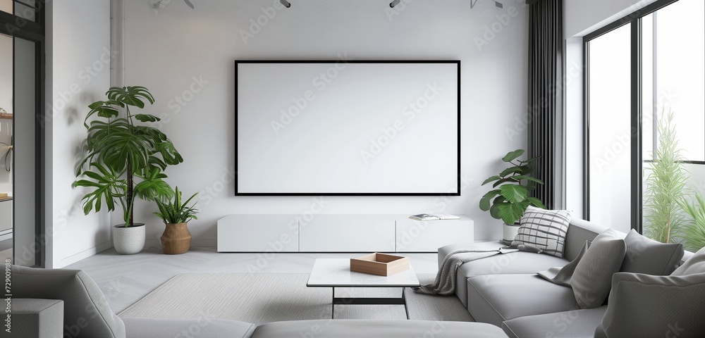 A large, wall-mounted blank monitor screen in a minimalistic living room with neutral tones. A large, wall-mounted blank monitor screen in a minimalistic living room with neutral tones.