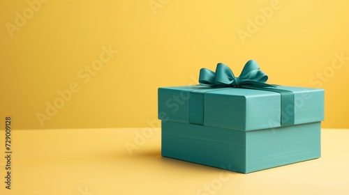 A large teal square folding gift box, half-closed, on a pale lemon background.