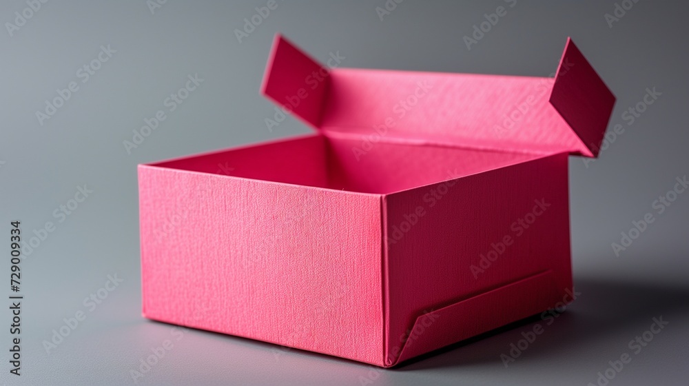 A narrow fuchsia square folding gift box, half-open, against a soft gray background.