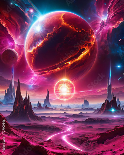 Futuristic Cosmic Sunset - Unreal celestial bodies and cosmic landscapes in magenta and lime hues Gen AI photo