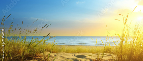 Summer background. A sunny sunrise or a soft sunset, the rays of the sun illuminate the seagrass and sand dunes, the concept is an ideal background for meditation and relaxation. Copy space