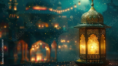 An Islamic-themed Lantern Glowing with Warmth, Set Against a Background of Gentle Light.