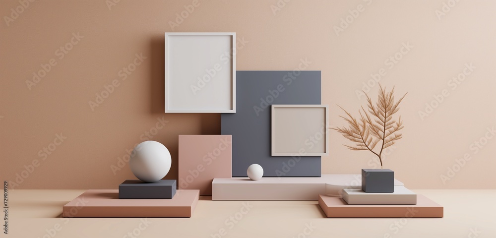 Fototapeta premium A set of overlapping empty frame mockups in different shapes, creating a dynamic display on a muted wall.