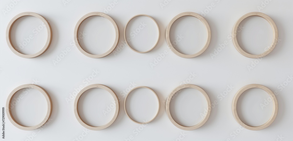 A set of small, round empty frame mockups, arranged in a symmetrical pattern on a light wall. A set of small, round empty frame mockups, arranged in a symmetrical pattern on a light wall.