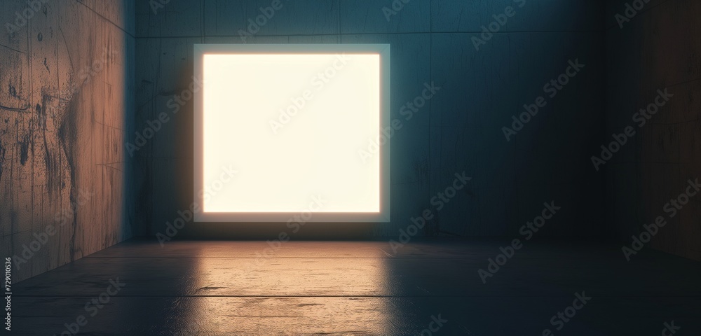 An empty frame mockup with a luminous backlit panel, creating a soft glow on a dark background. An empty frame mockup with a luminous backlit panel, creating a soft glow on a dark background.
