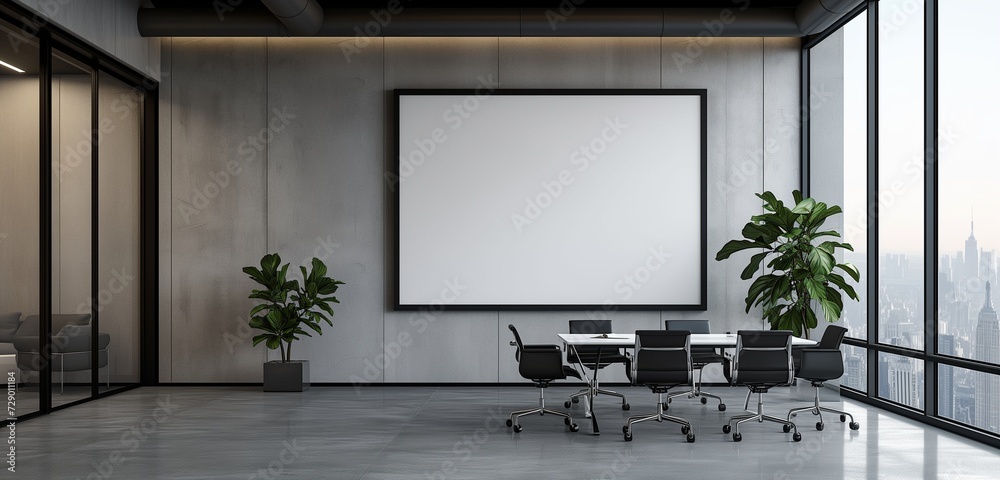 An empty frame mockup with a pinstripe pattern border, adding a sophisticated touch to a modern office