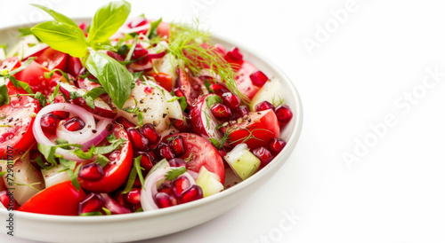 Fresh salad with pomegranate, tomatoes, cucumbers and red onions, decorated with fresh herbs, on a white background, food photo. Concept: healthy lifestyle and natural nutrition, copy space